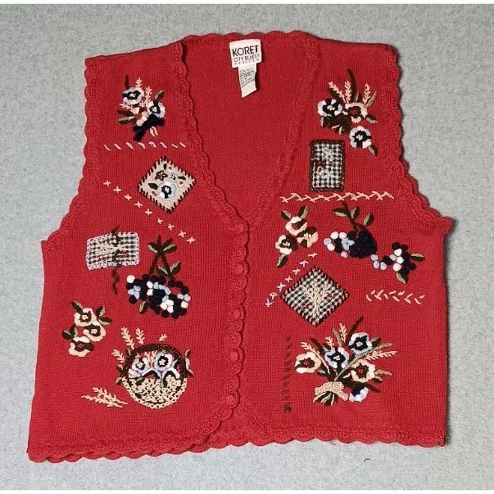 Vintage Koret City Blues Petites Knitted Vest Womens Size Medium Red Embroidered